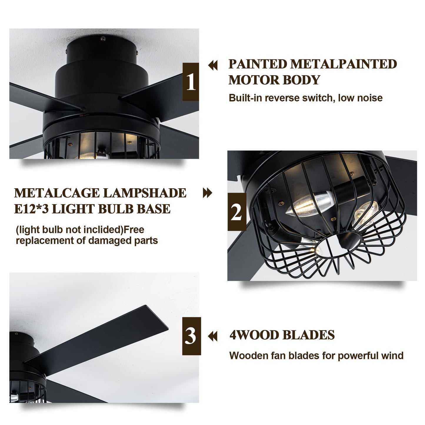 BD2065-52" Retro Black Finish Low Profile Flush Mounted Ceiling Fan with Lights and Remote, DC Motor 6 Speeds Ceiling Fan for All Seasons