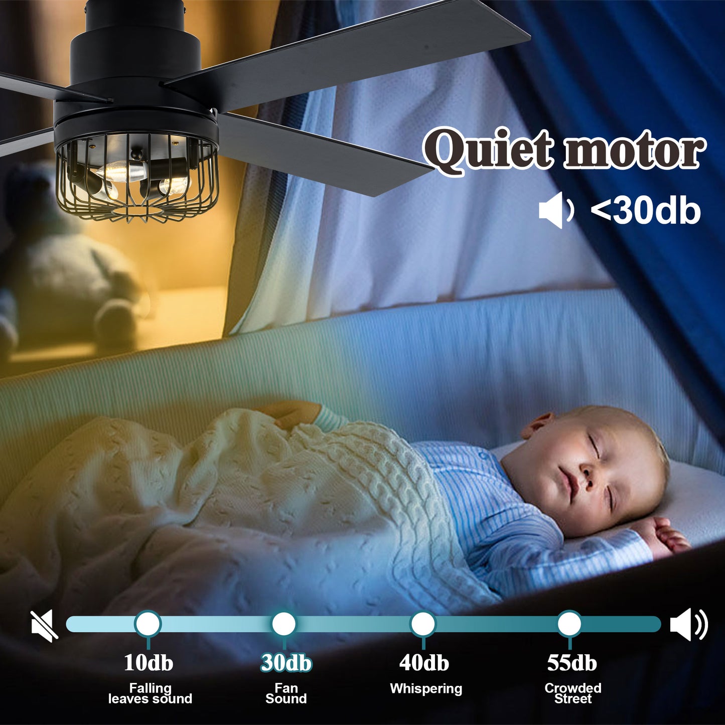 BD2065-52" Retro Black Finish Low Profile Flush Mounted Ceiling Fan with Lights and Remote, DC Motor 6 Speeds Ceiling Fan for All Seasons