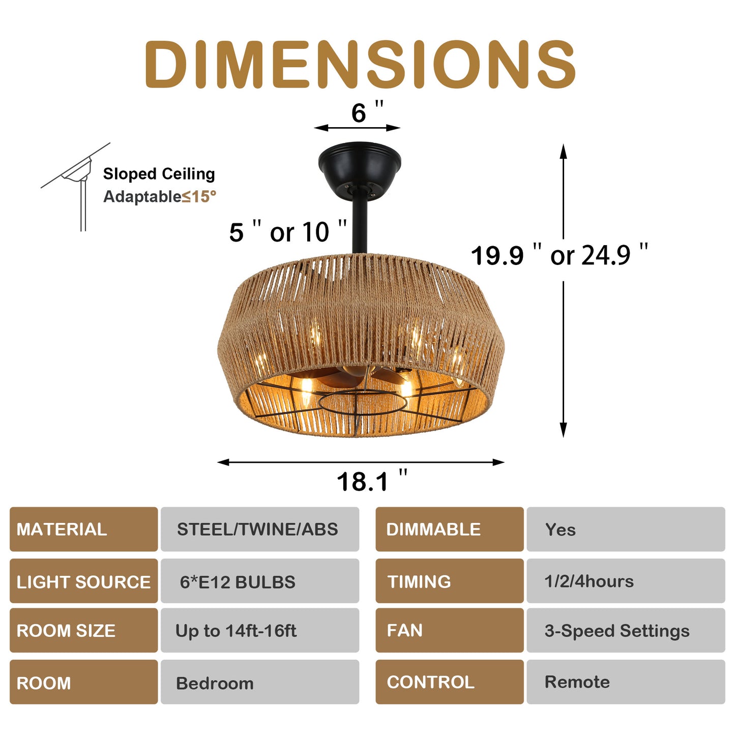 BD1801-BellaDepot 18" Rattan Series Cottage Caged Reversible Ceiling Fan with Lights Remote Control