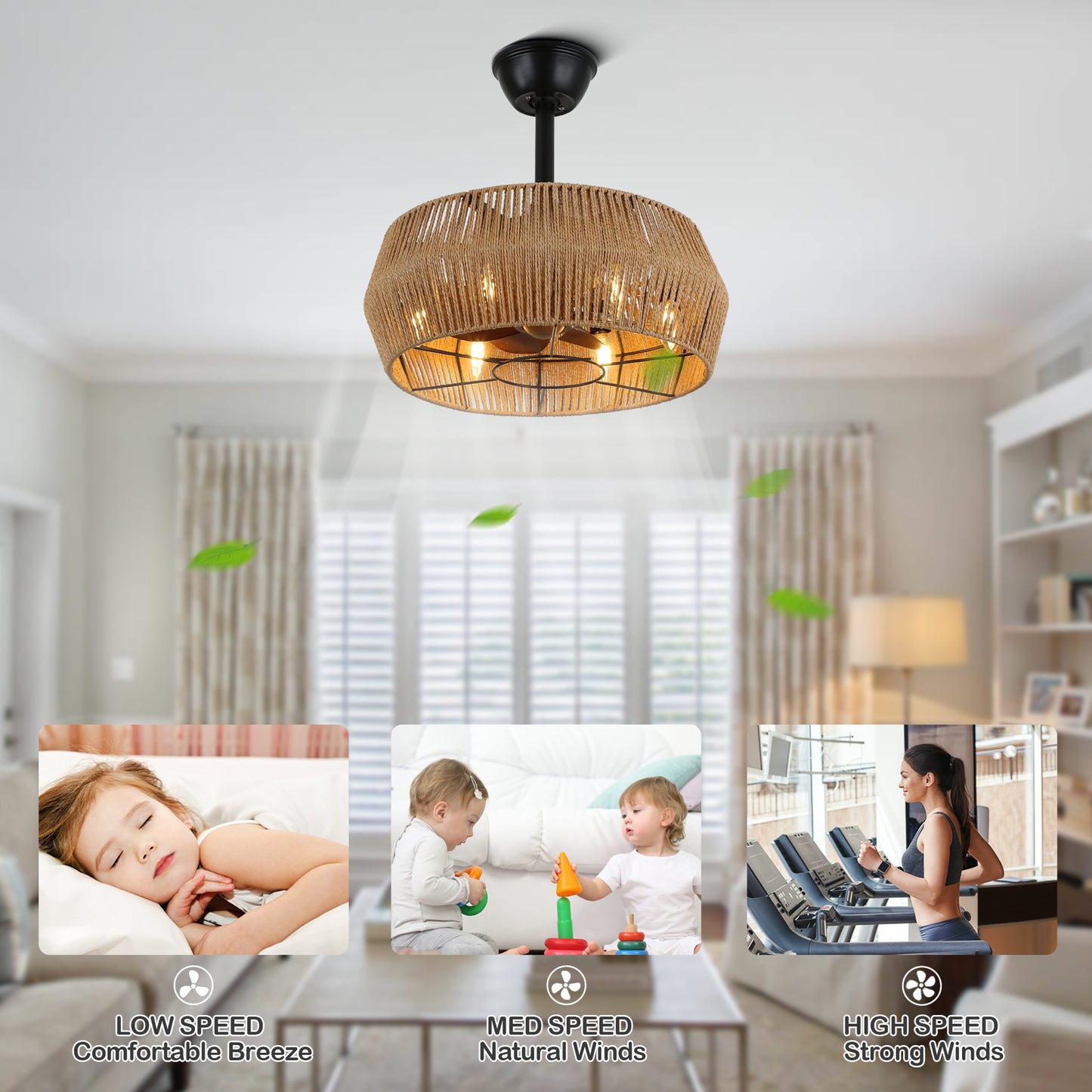 BD1801-BellaDepot 18" Rattan Series Cottage Caged Reversible Ceiling Fan with Lights Remote Control