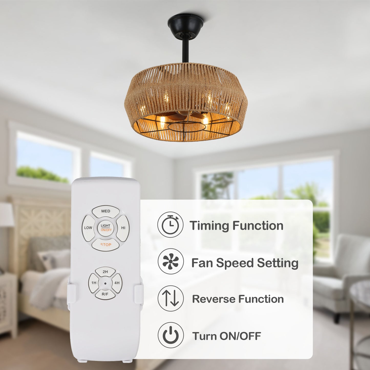 BD1801-BellaDepot 18" Rattan Series Cottage Caged Reversible Ceiling Fan with Lights Remote Control