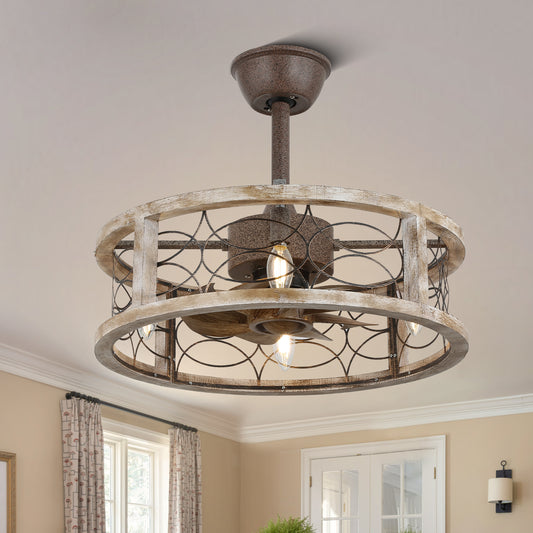 BD1807-BellaDepot 18.1" Farmhouse Distressed Metal Caged Reversible Ceiling Fan with 4 Lights and Remote