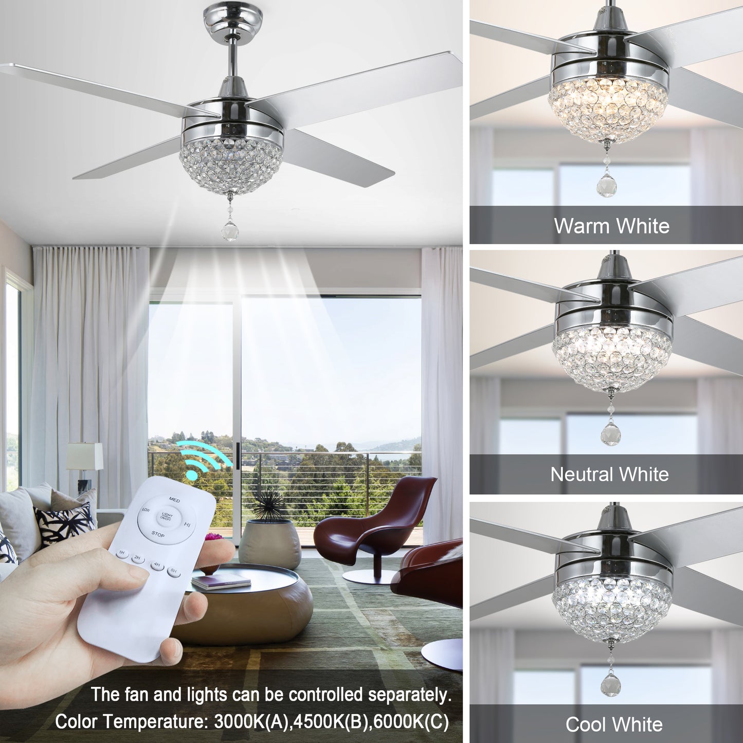 Modern Crystal Ceiling Fan With LED Light, Remote Control, Reversible