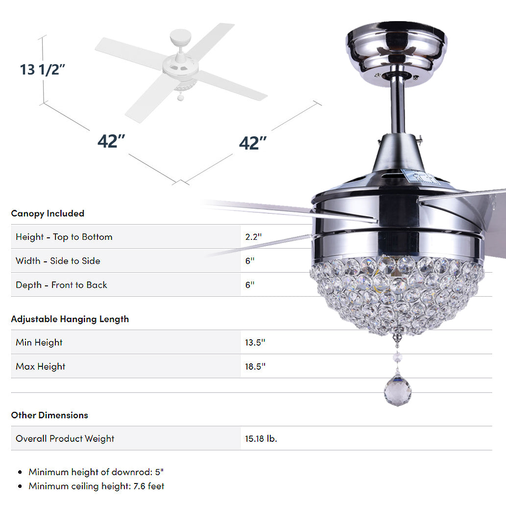 Modern Crystal Ceiling Fan With LED Light, Remote Control, Reversible