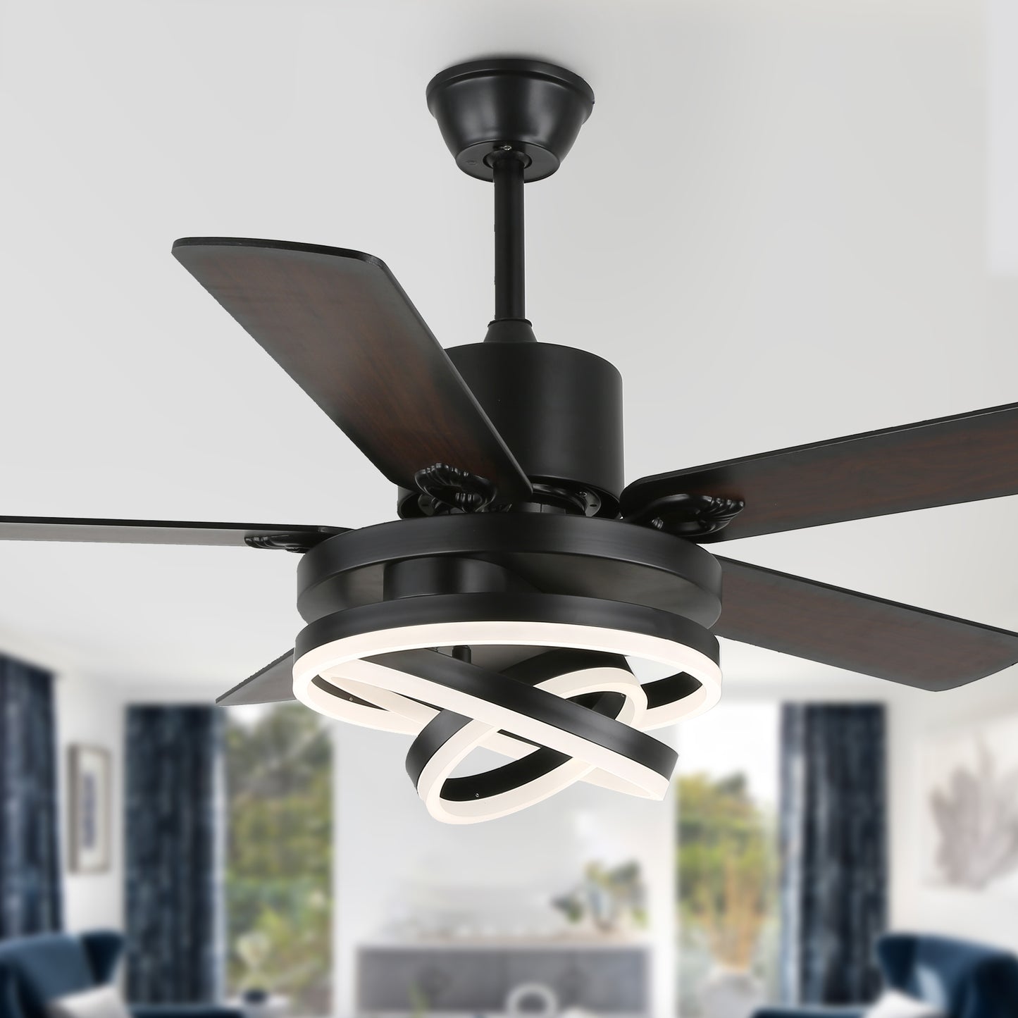 DC2062-BellaDepot 52" Black/Silver Finish Dimmable Ceiling Fan with Remote and LED Light Kit Included, 6-speed Ceiling Fan