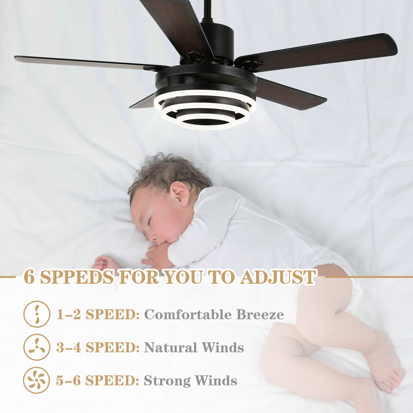 DC2062-BellaDepot 52" Black/Silver Finish Dimmable Ceiling Fan with Remote and LED Light Kit Included, 6-speed Ceiling Fan