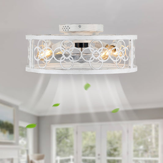 BD2073-BellaDepot 19.5" Farmhouse Distressed White Reversible Caged Ceiling Fan with 4 Lights and Remote