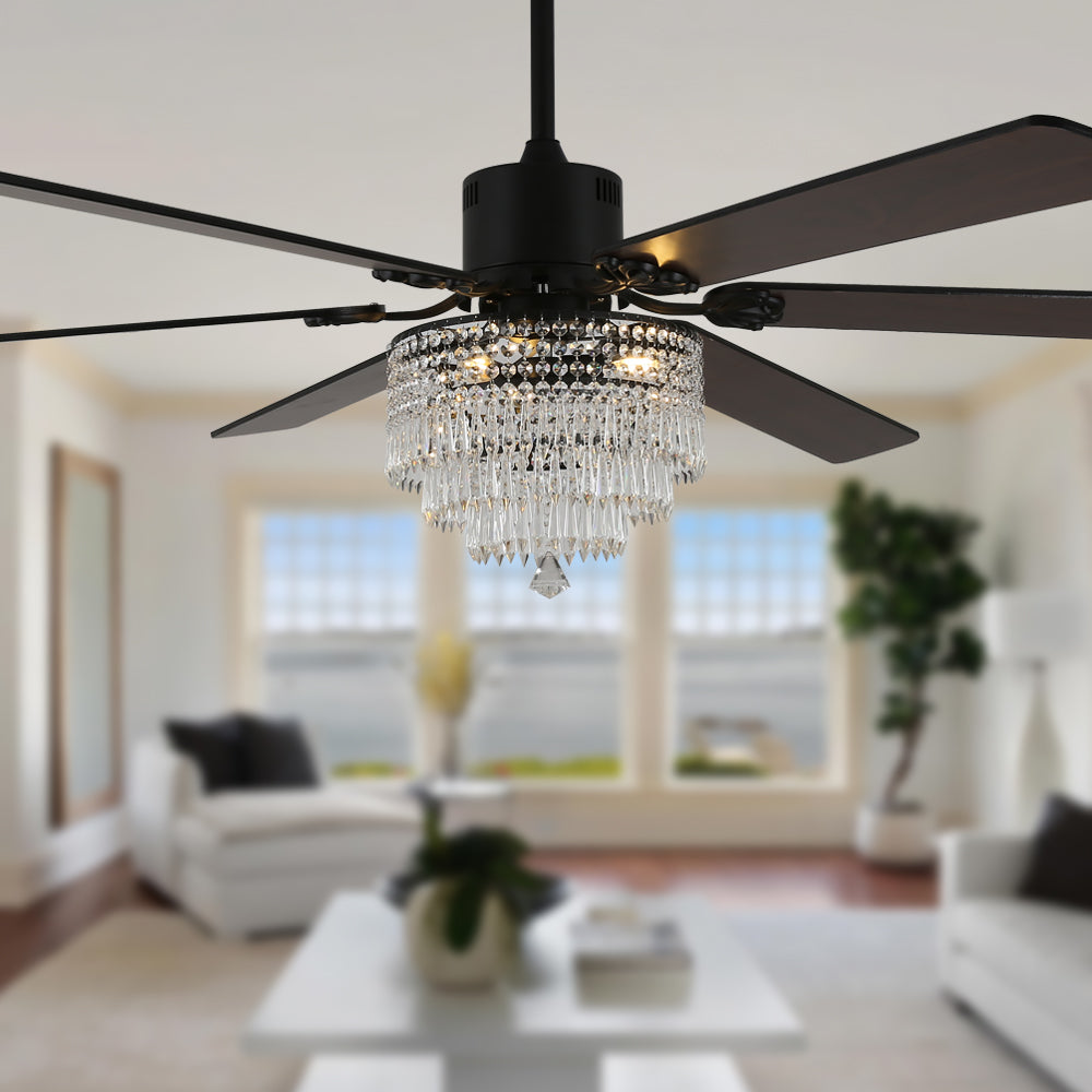 DC6502-65" Black/Silver Finish Metal Crystal Wooden Reversible Ceiling Fan with Remote and 3 Lights, Large Size Ceiling Fan