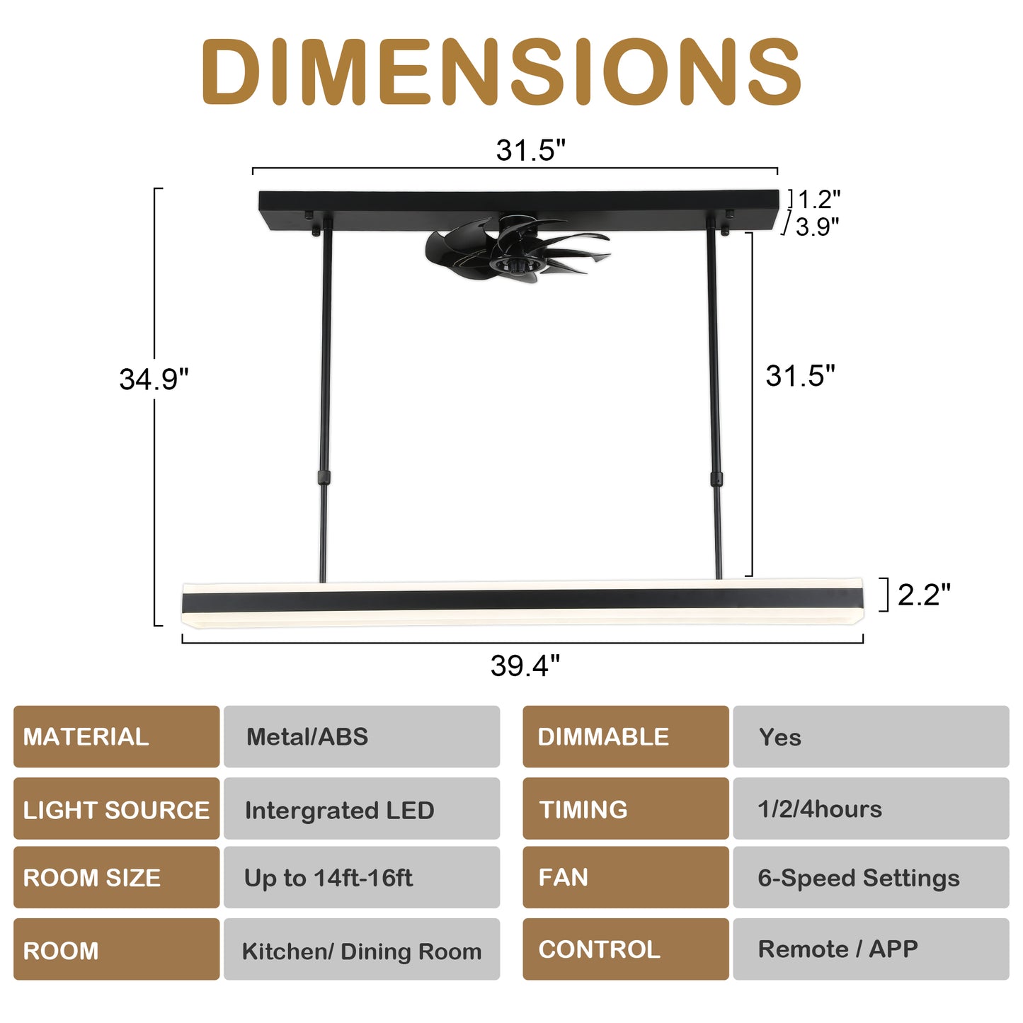 CT1003-BellaDepot 39.4" Contemporary Kitchen Island Ceiling Fan with Remote and Dimmable LED Light Kit Included