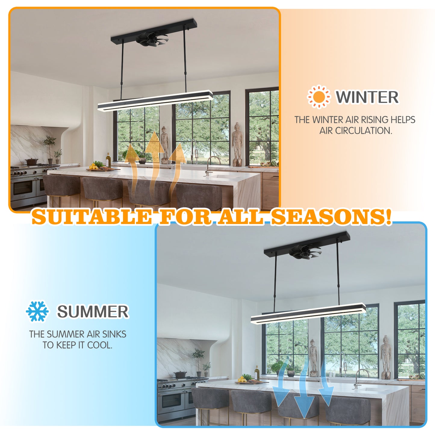 CT1003-BellaDepot 39.4" Contemporary Kitchen Island Ceiling Fan with Remote and Dimmable LED Light Kit Included