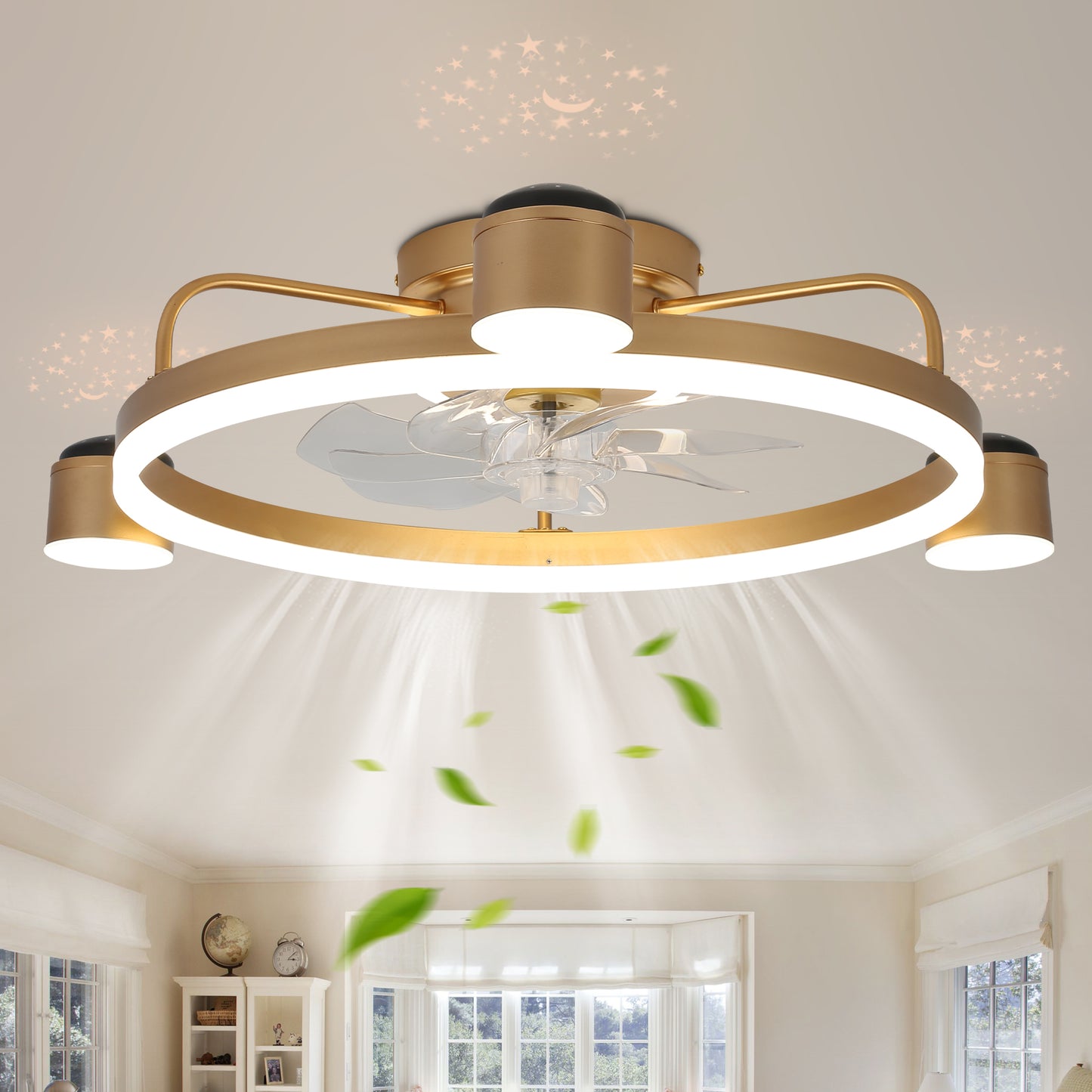 28 in. Starry Night Light Dimmable Ceiling Fan with Light and Remote, Reversible Blades