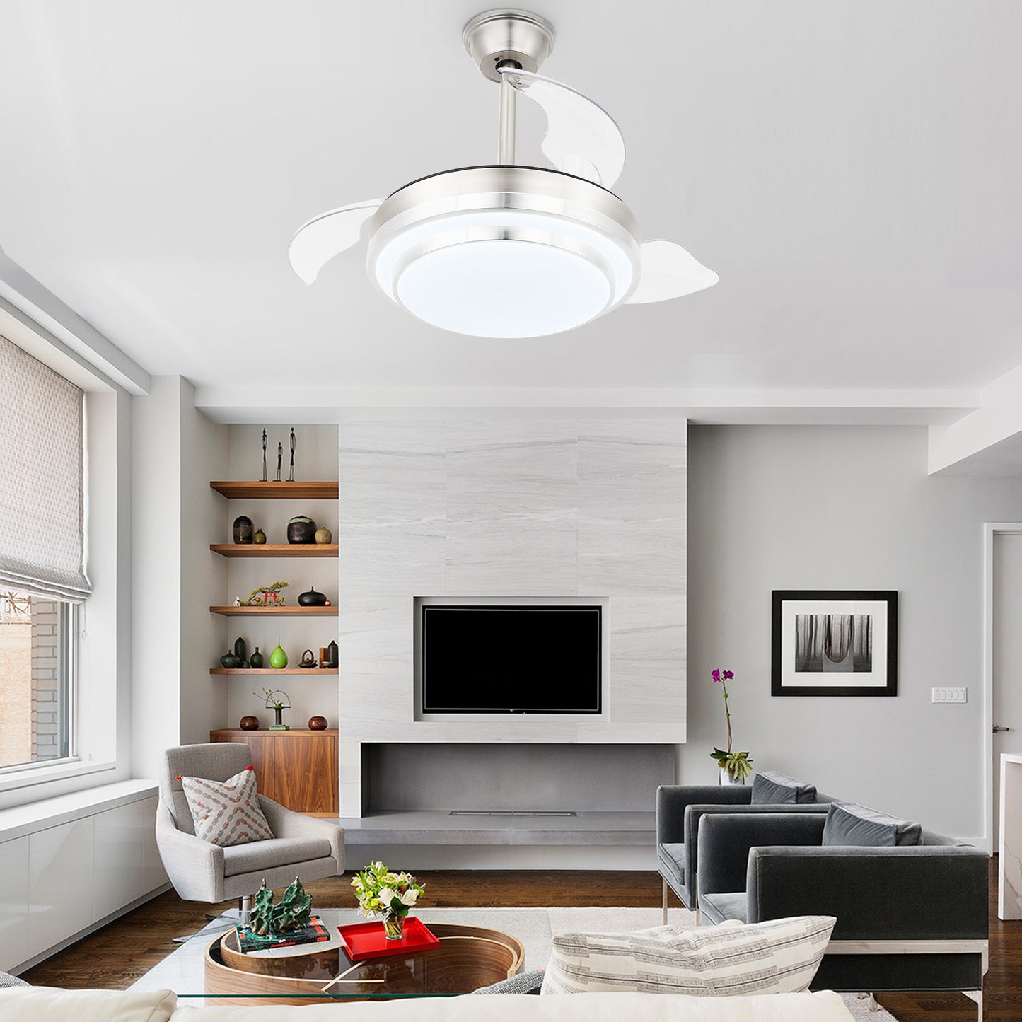 DC3604-36" Modern Urban Retractable Ceiling Fan with Remote and LED Light Kit Included, Dimmable Ceiling Fan