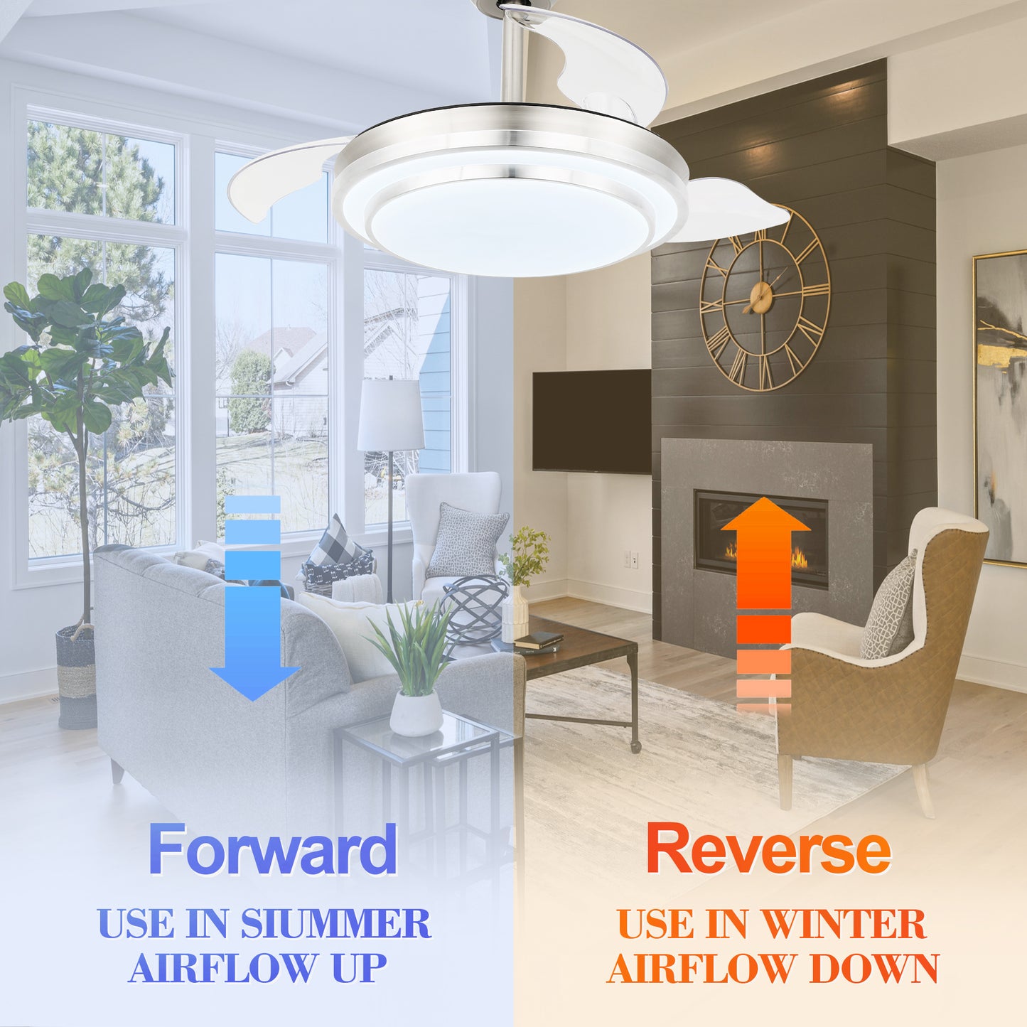 DC3604-BellaDepot 36" Modern Urban Retractable Ceiling Fan with Remote and LED Light Kit Included, Dimmable Ceiling Fan
