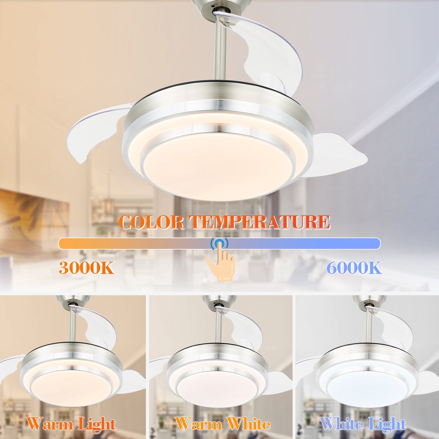 DC3604-36" Modern Urban Retractable Ceiling Fan with Remote and LED Light Kit Included, Dimmable Ceiling Fan