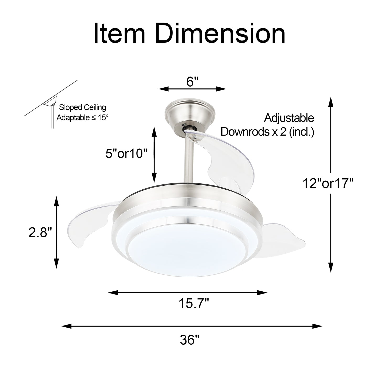 DC3604-36" Modern Urban Retractable Ceiling Fan with Remote and LED Light Kit Included, Dimmable Ceiling Fan