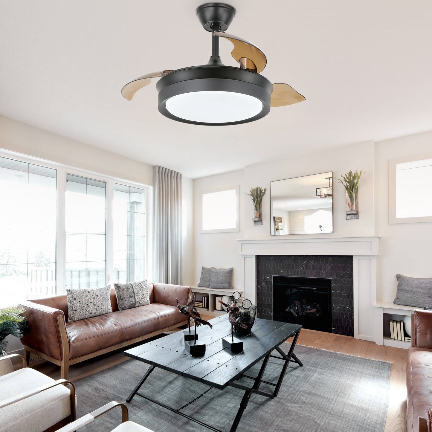 36" Dimmable Ceiling Fan with LED Light and Remote Retractable Blades
