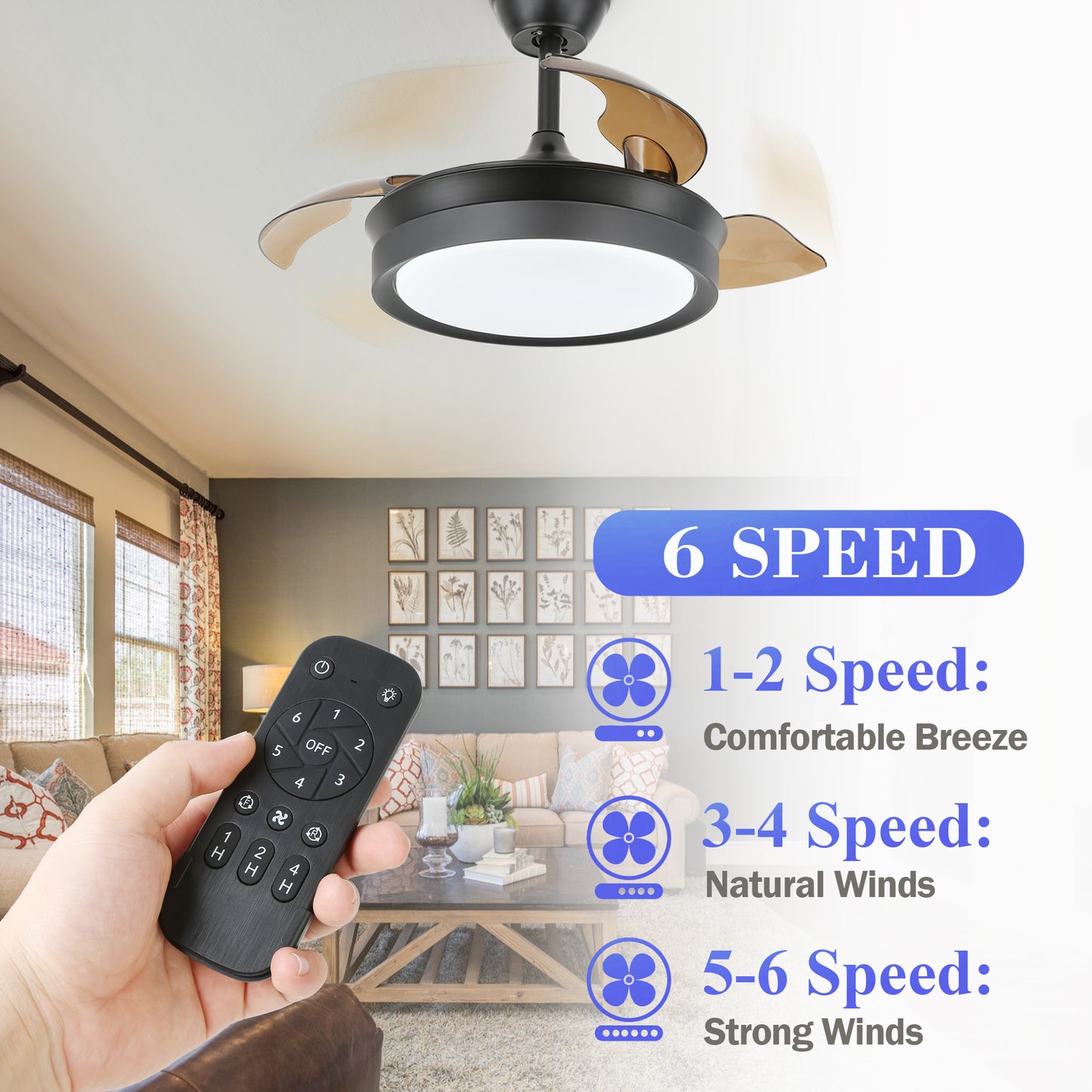36" Dimmable Ceiling Fan with LED Light and Remote Retractable Blades