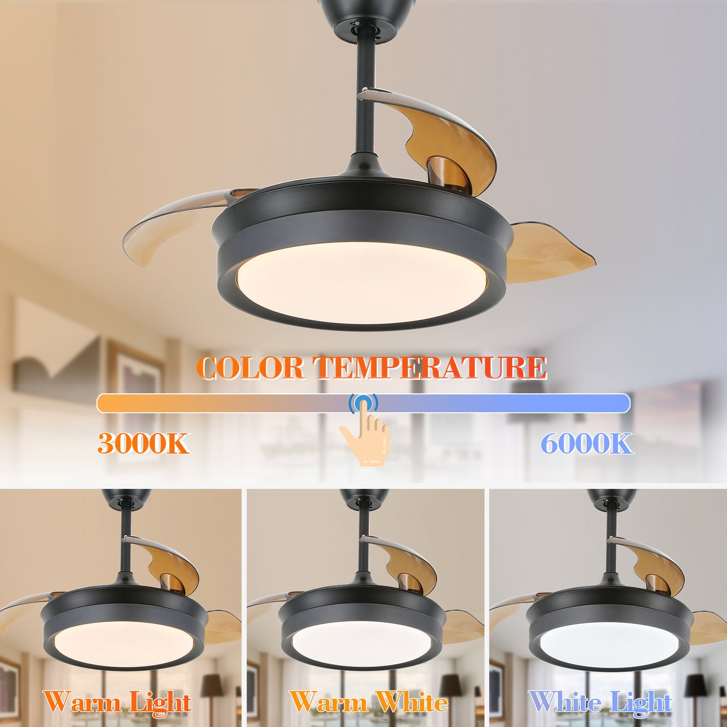 36" Dimmable Ceiling Fan with LED Light and Remote Retractable Blades