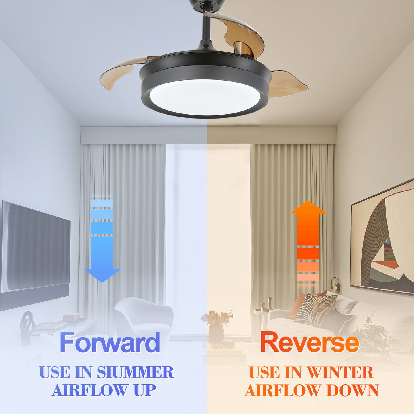 36" Dimmable Ceiling Fan with LED Light and Remote Retractable Blades