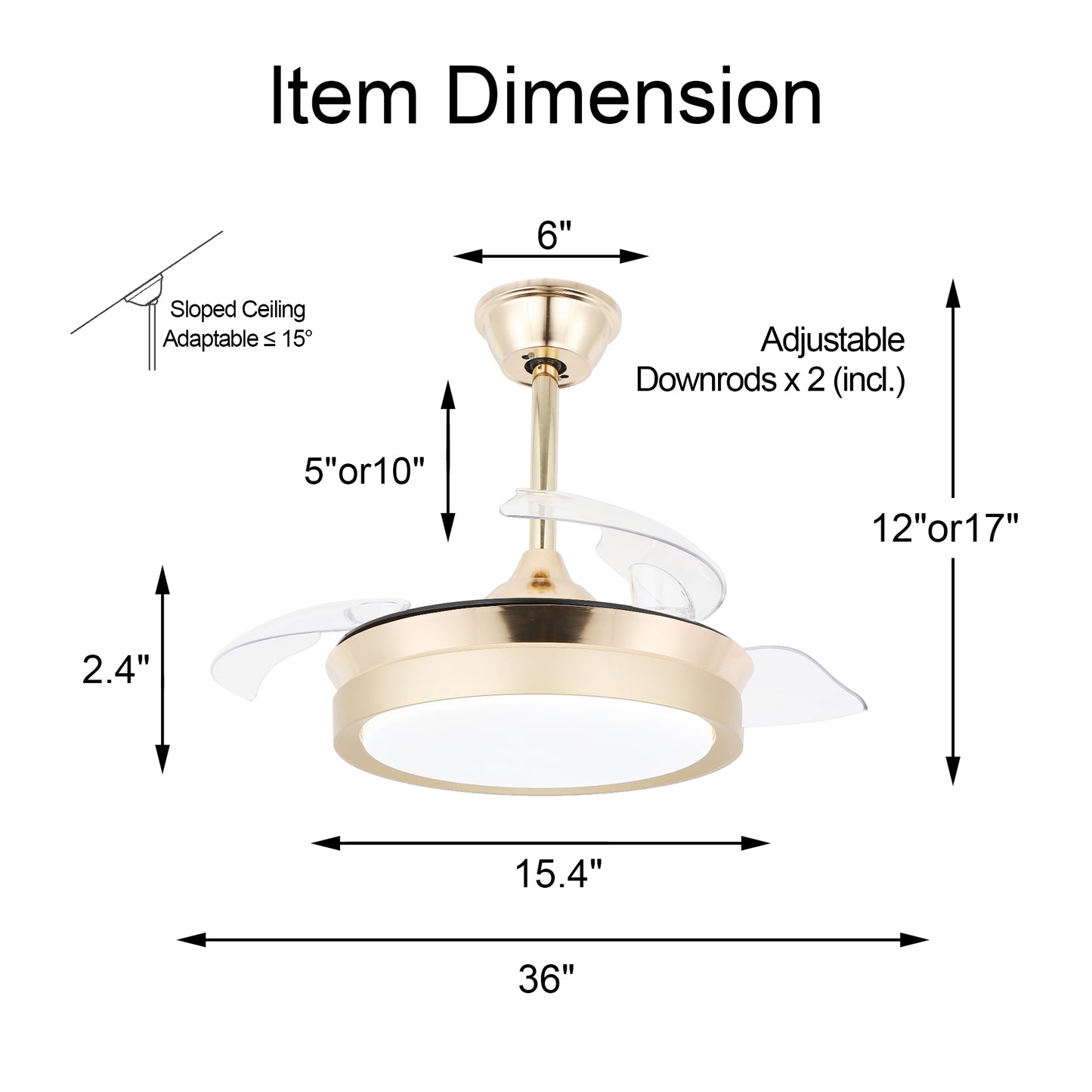 36" Dimmable Ceiling Fan with LED Light and Remote Retractable Blades