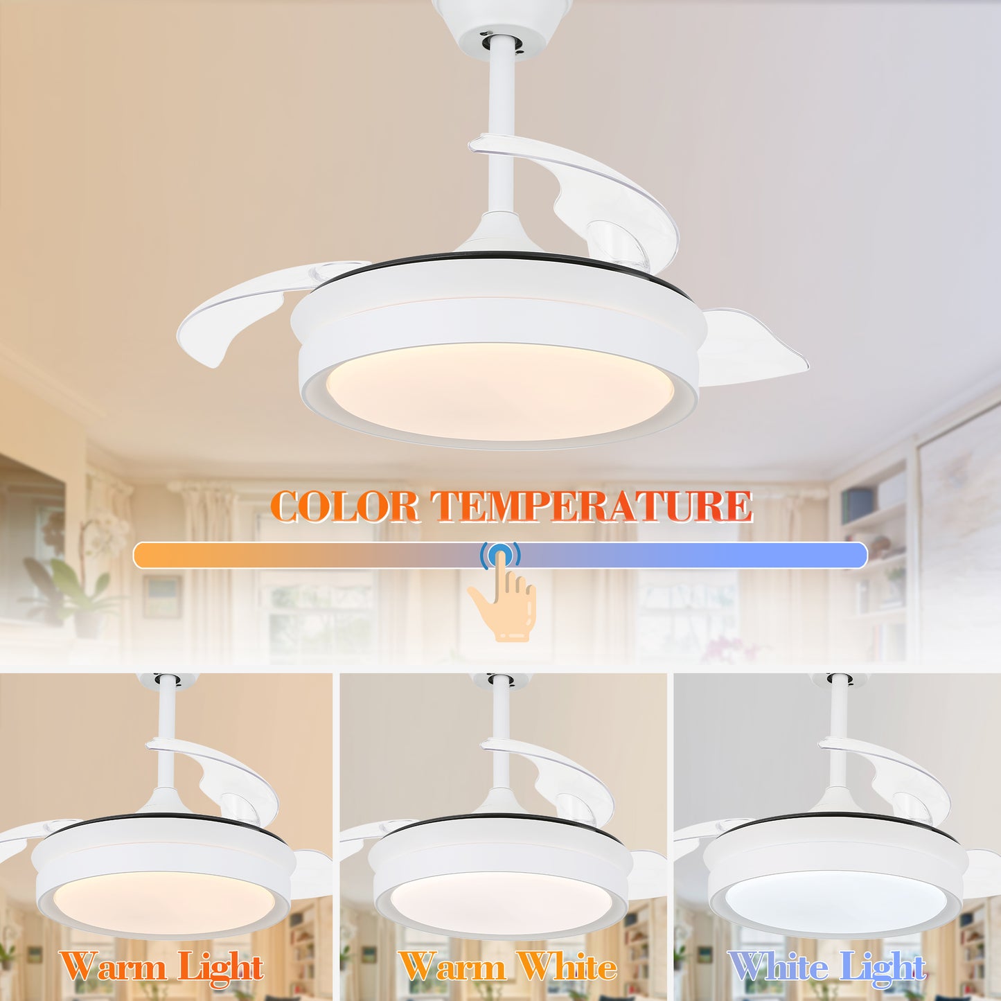 36" Dimmable Ceiling Fan with LED Light and Remote Retractable Blades
