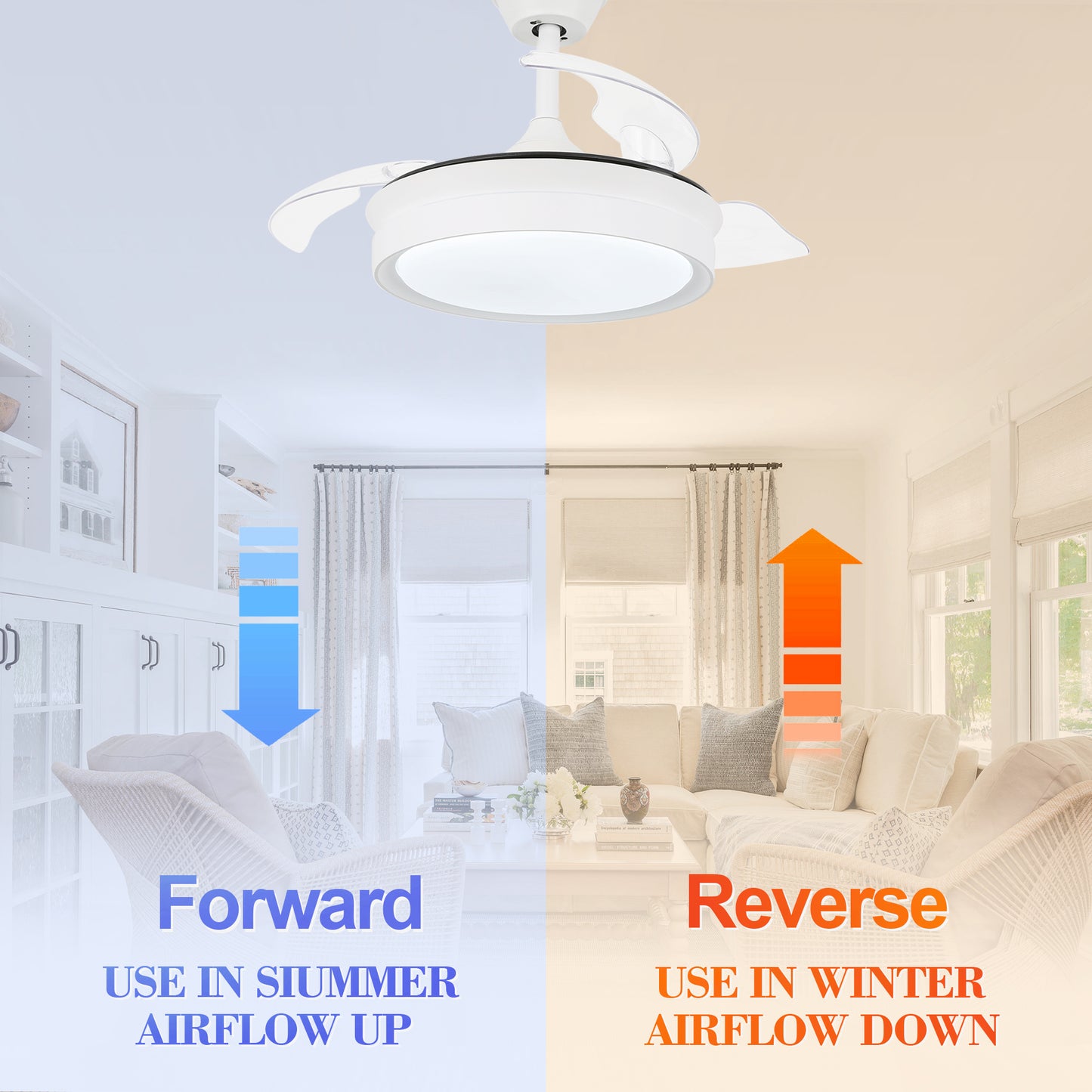 36" Dimmable Ceiling Fan with LED Light and Remote Retractable Blades