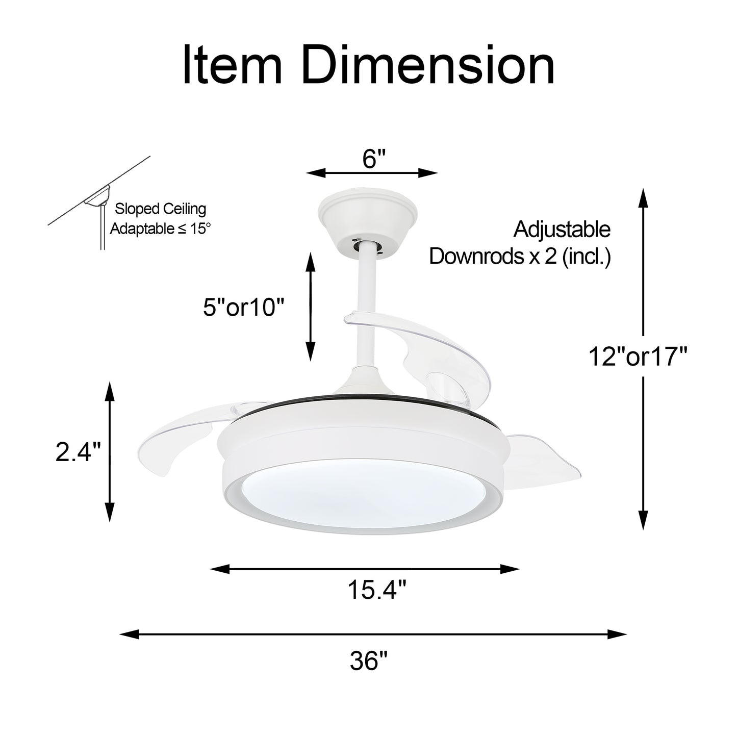 36" Dimmable Ceiling Fan with LED Light and Remote Retractable Blades