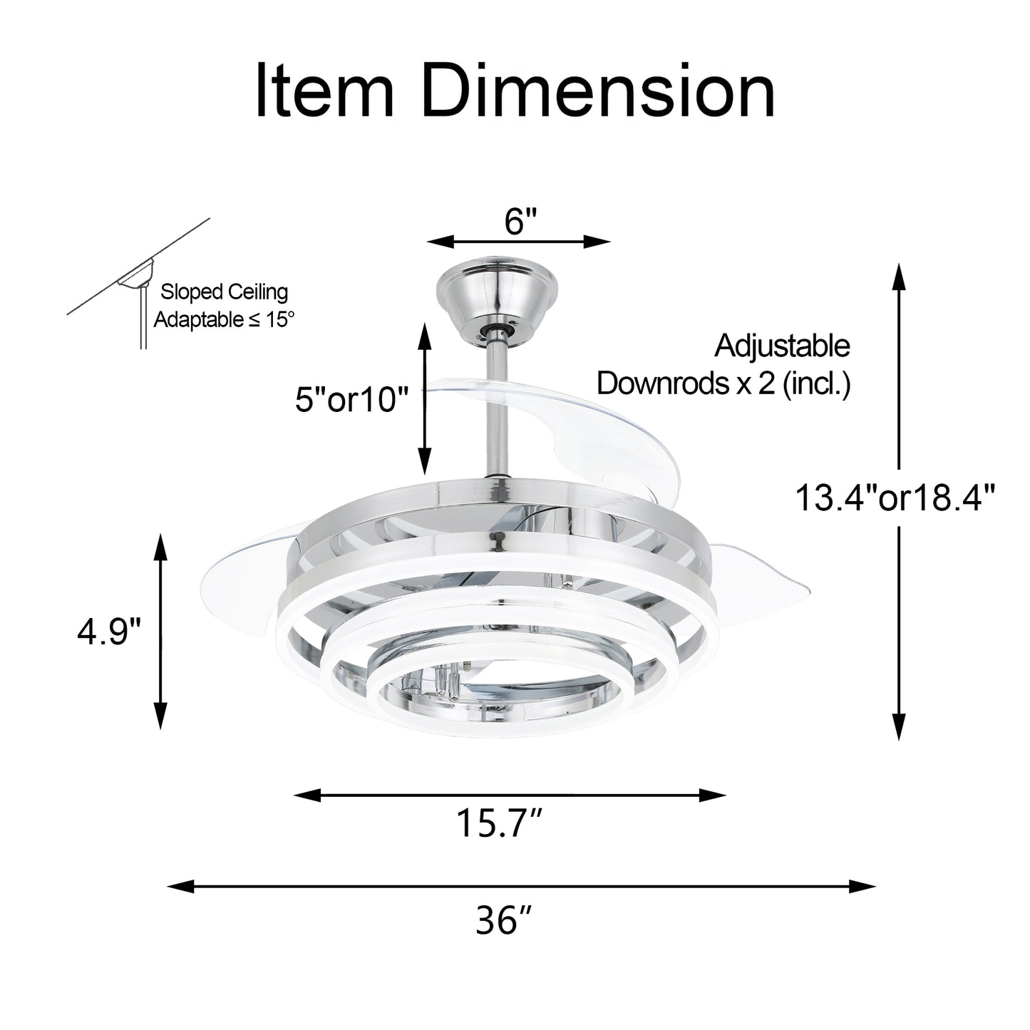 DC3664-BellaDepot 36" Chrome/Nickel/Brown DIY Shape Reversible Ceiling Fan with Remote and LED Light Kit Included, Retractable Ceiling Fan