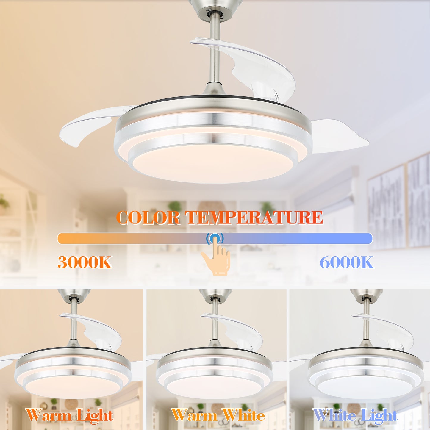 DC4204-42" Modern Urban Brushed Nickel Retractable Ceiling Fan with Remote and LED Light Kit Included, 6 Speeds Reversible Ceiling Fan