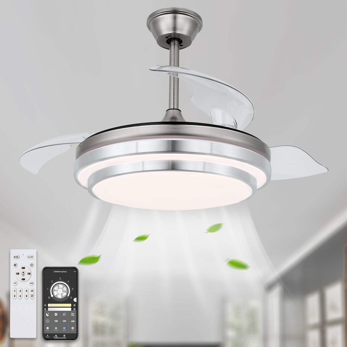 DC3604-36" Modern Urban Retractable Ceiling Fan with Remote and LED Light Kit Included, Dimmable Ceiling Fan