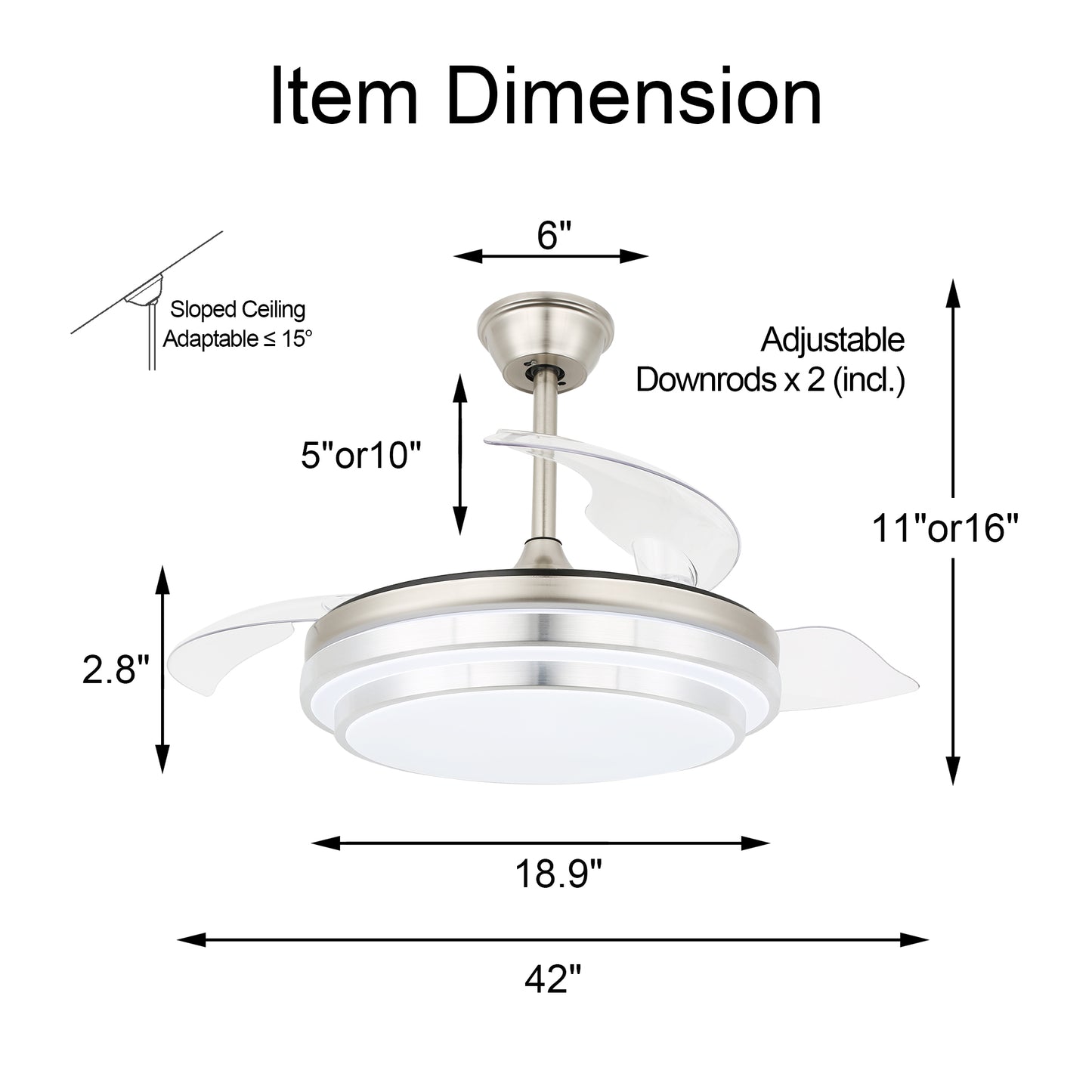 DC4204-42" Modern Urban Brushed Nickel Retractable Ceiling Fan with Remote and LED Light Kit Included, 6 Speeds Reversible Ceiling Fan