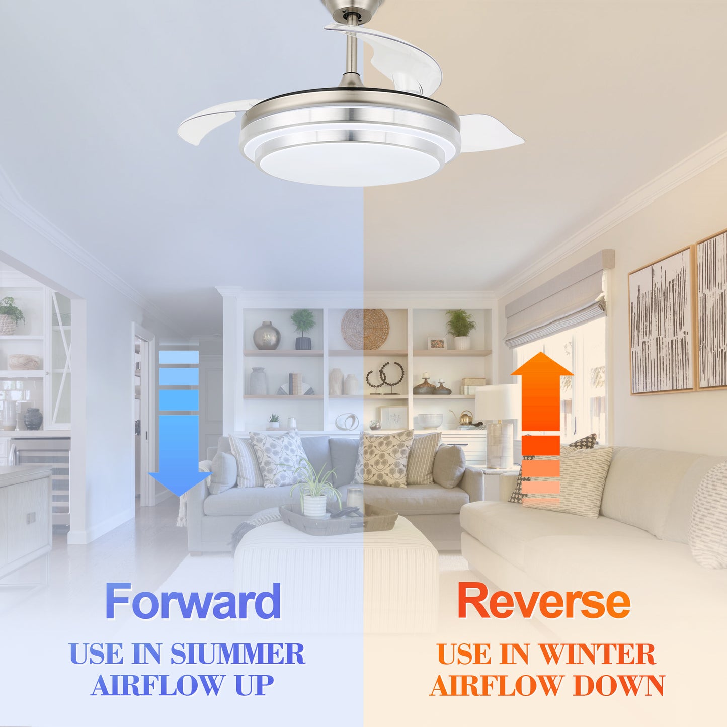 DC4204-42" Modern Urban Brushed Nickel Retractable Ceiling Fan with Remote and LED Light Kit Included, 6 Speeds Reversible Ceiling Fan