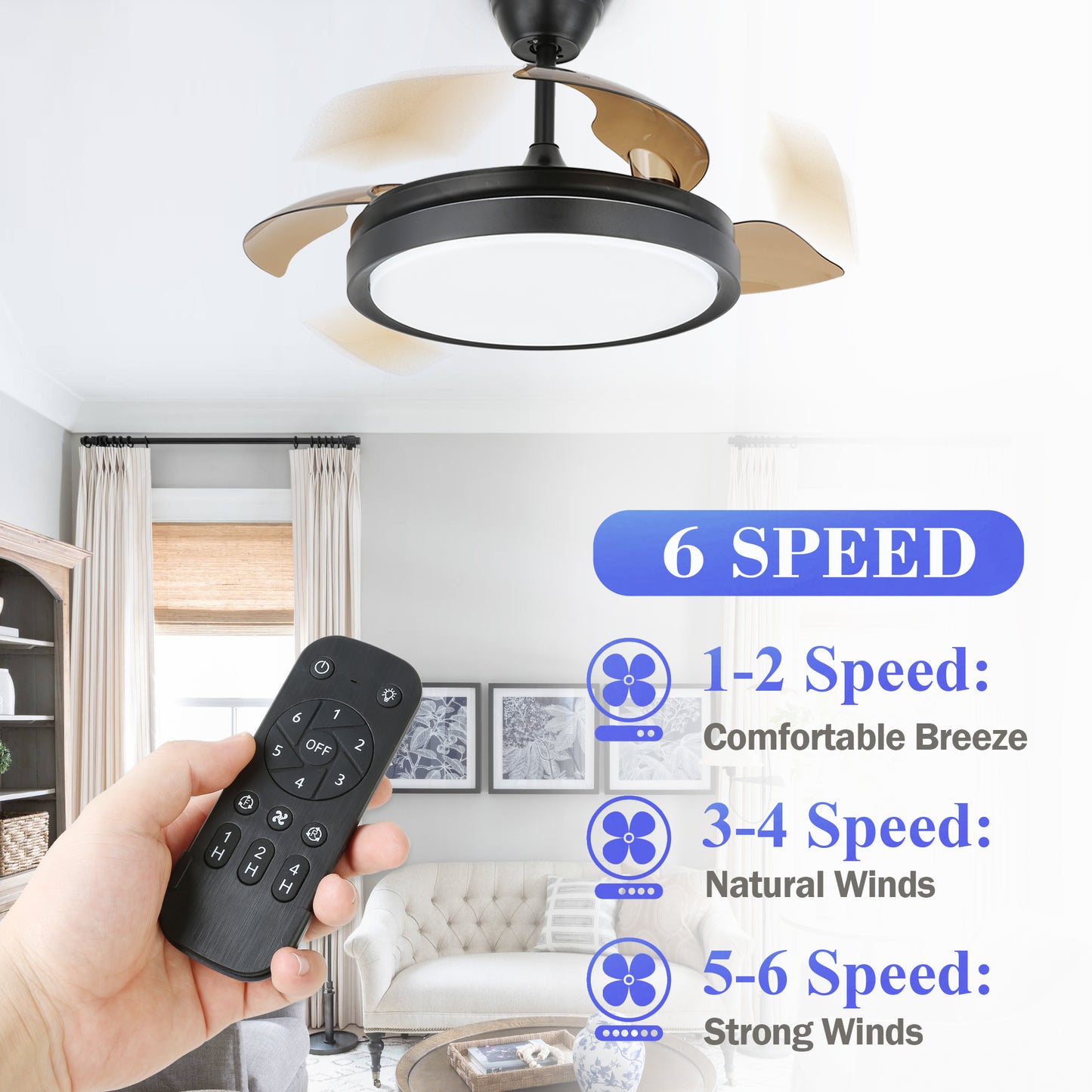 DC4205-42" Black/Gold/White Finish Retractable Ceiling Fan with Remote and LED Light Kit Included, CCT Dimmable Ceiling Fan
