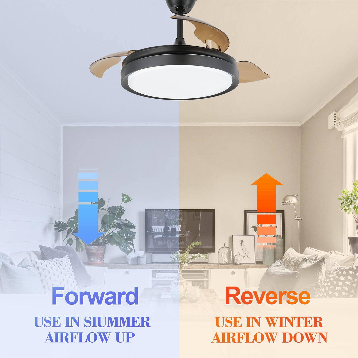 DC4205-42" Black/Gold/White Finish Retractable Ceiling Fan with Remote and LED Light Kit Included, CCT Dimmable Ceiling Fan
