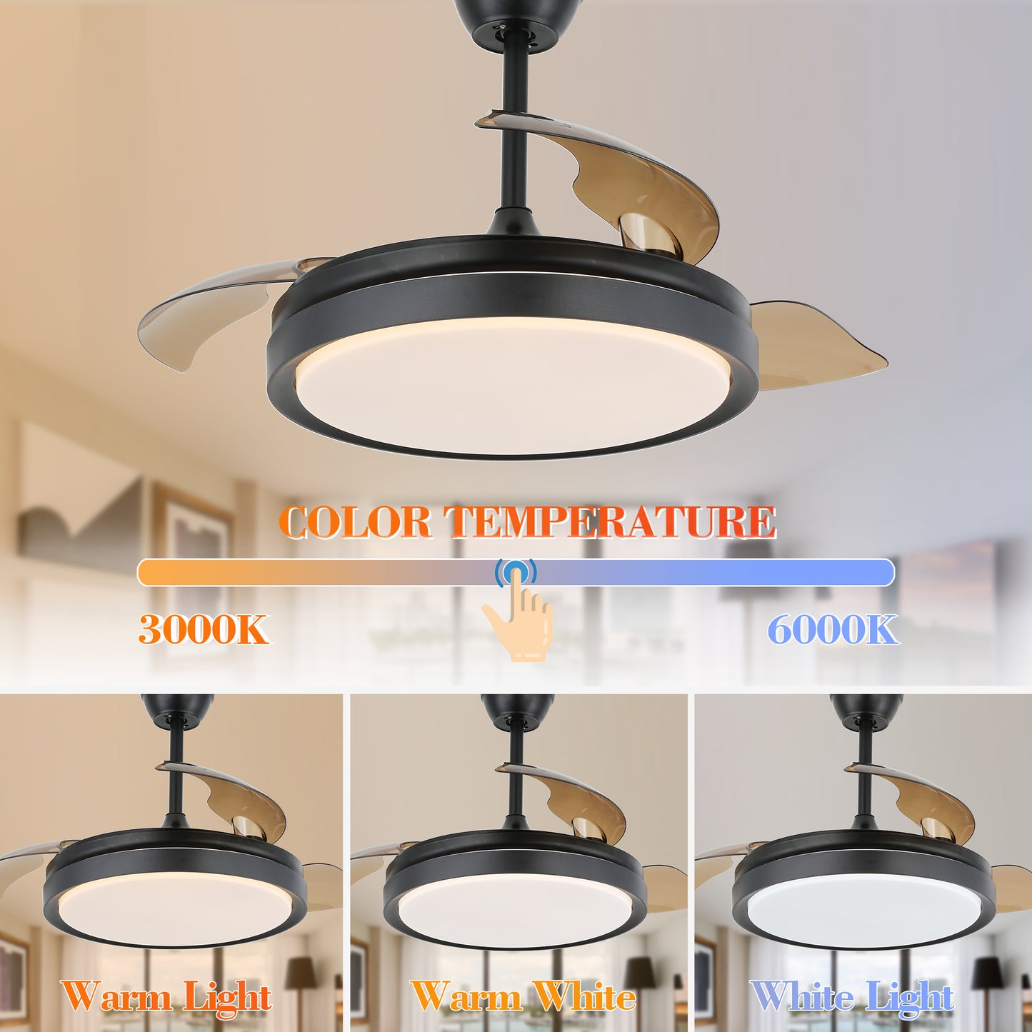 DC4205-42" Black/Gold/White Finish Retractable Ceiling Fan with Remote and LED Light Kit Included, CCT Dimmable Ceiling Fan
