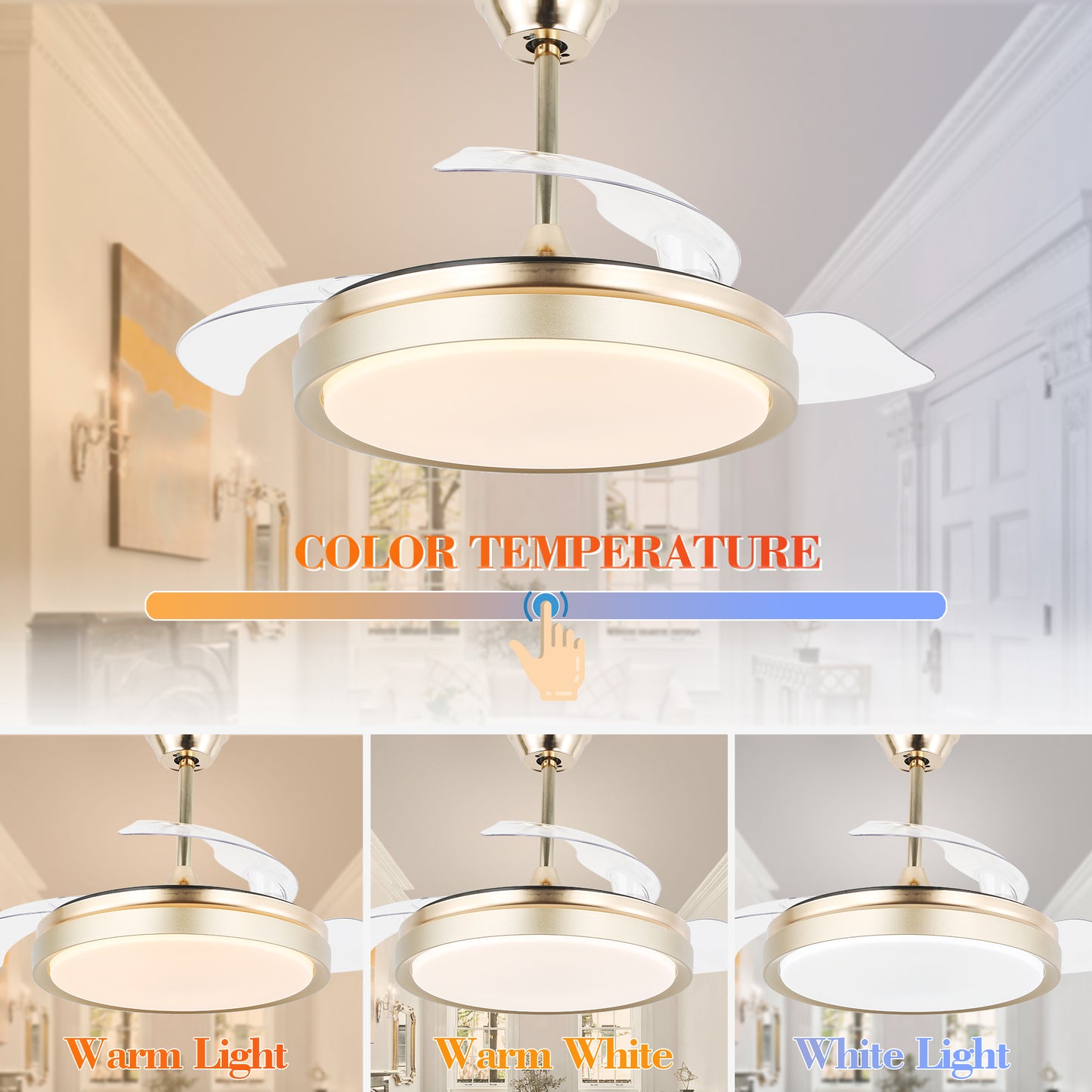 42" LED Retractable Ceiling Fan with Light and Remote Reversible Blades, 6 Speed