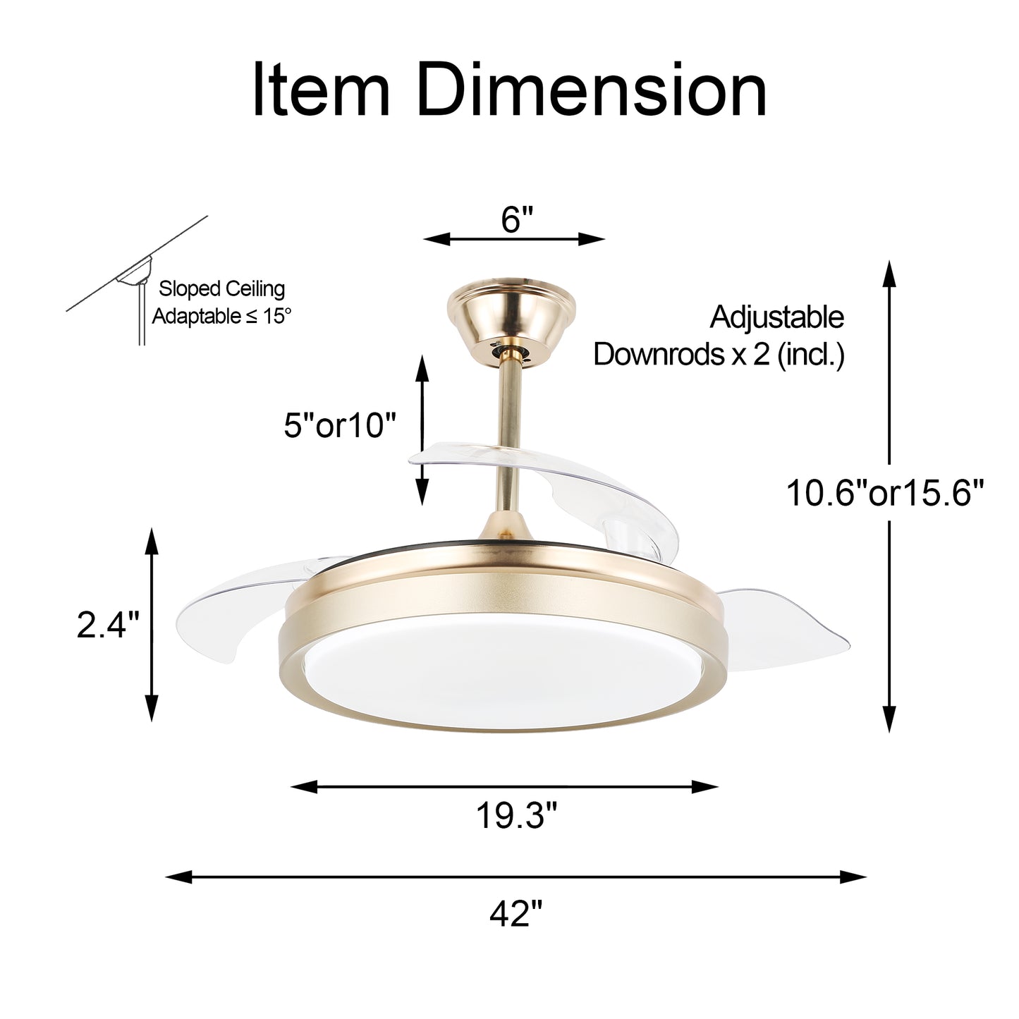 42" LED Retractable Ceiling Fan with Light and Remote Reversible Blades, 6 Speed