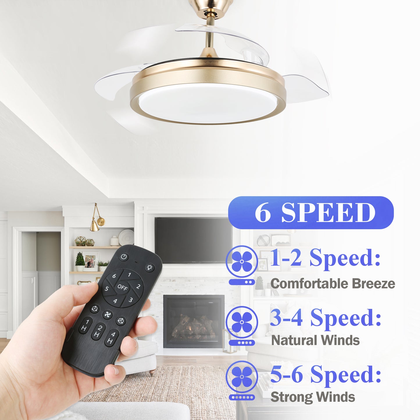 42" LED Retractable Ceiling Fan with Light and Remote Reversible Blades, 6 Speed
