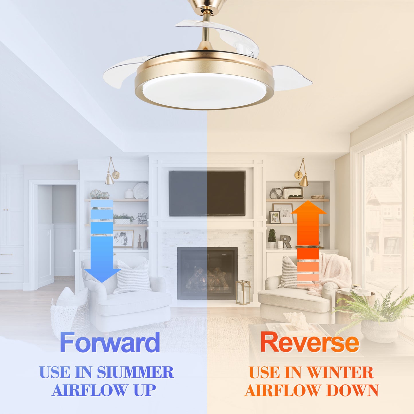 42" LED Retractable Ceiling Fan with Light and Remote Reversible Blades, 6 Speed
