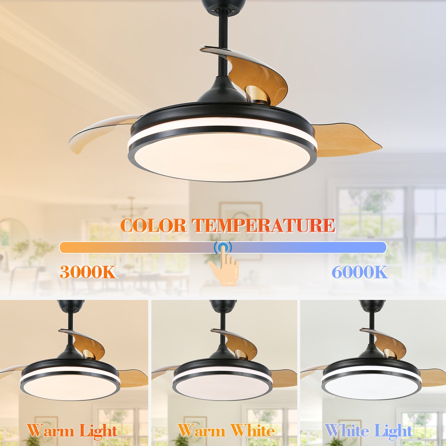 DC4260-BellaDepot 42" Black/Chrome/Gold/White Modern Reversible Ceiling Fan with Remote and LED Light Kit Included, 6 Speeds Retractable Ceiling Fan