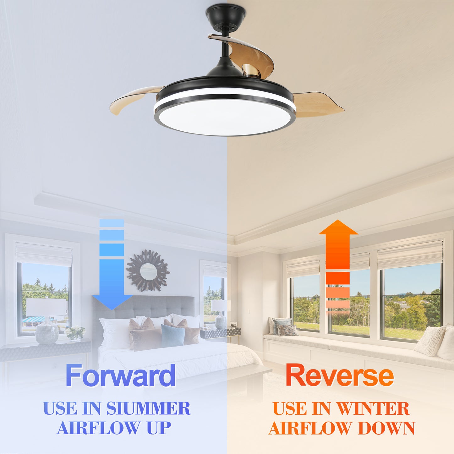 DC4260-BellaDepot 42" Black/Chrome/Gold/White Modern Reversible Ceiling Fan with Remote and LED Light Kit Included, 6 Speeds Retractable Ceiling Fan