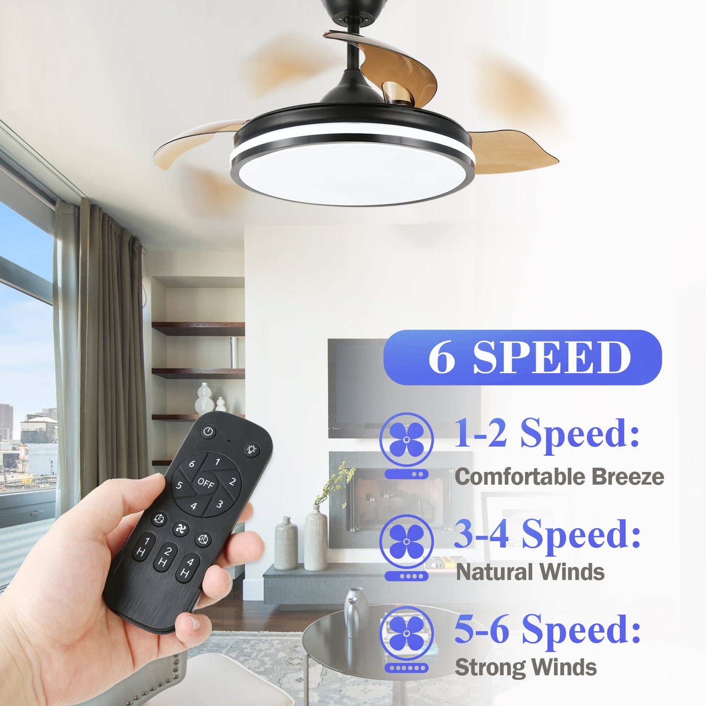 DC4260-BellaDepot 42" Black/Chrome/Gold/White Modern Reversible Ceiling Fan with Remote and LED Light Kit Included, 6 Speeds Retractable Ceiling Fan