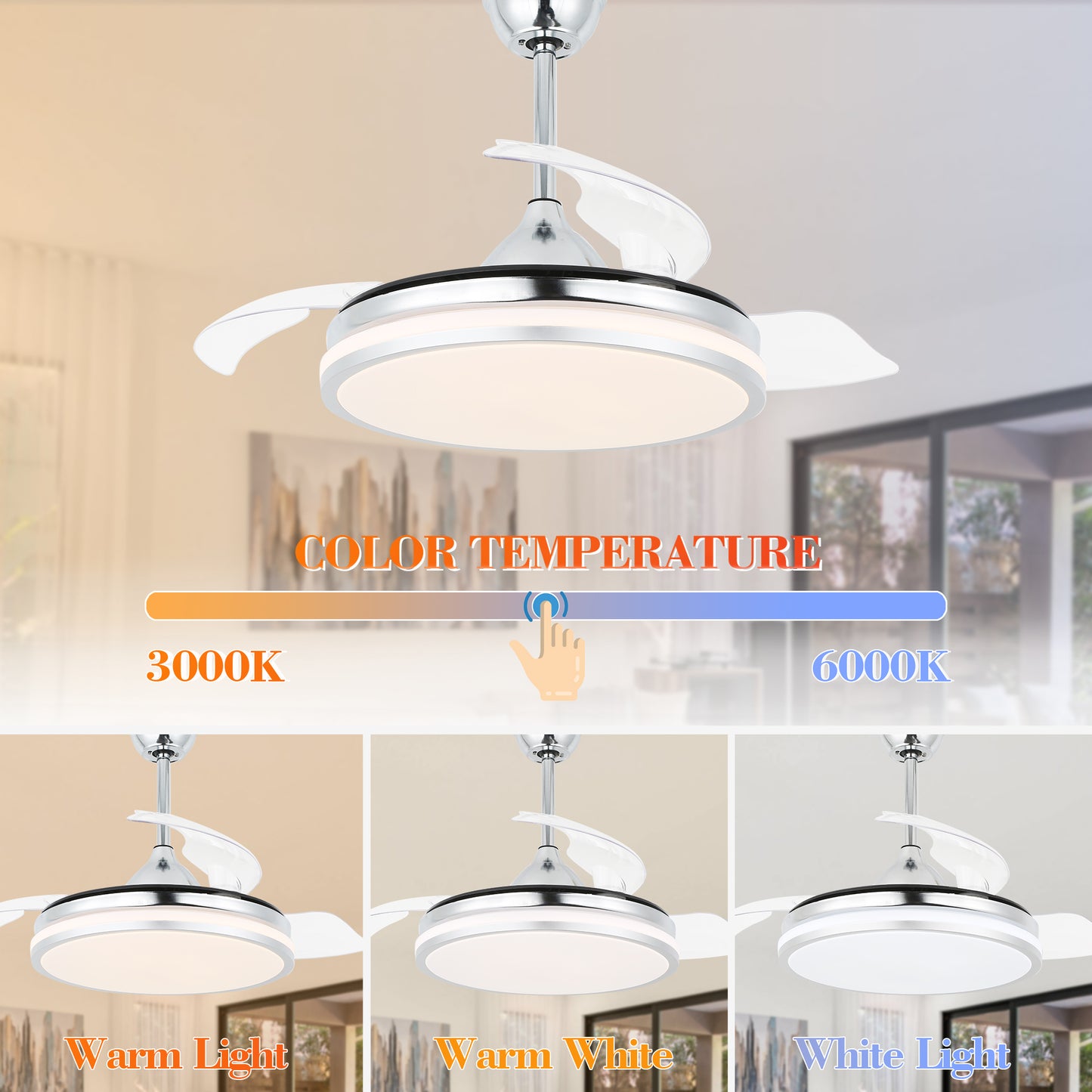 42 in. Dimmable LED Ceiling Fan with Retractable Blade and Remote Control