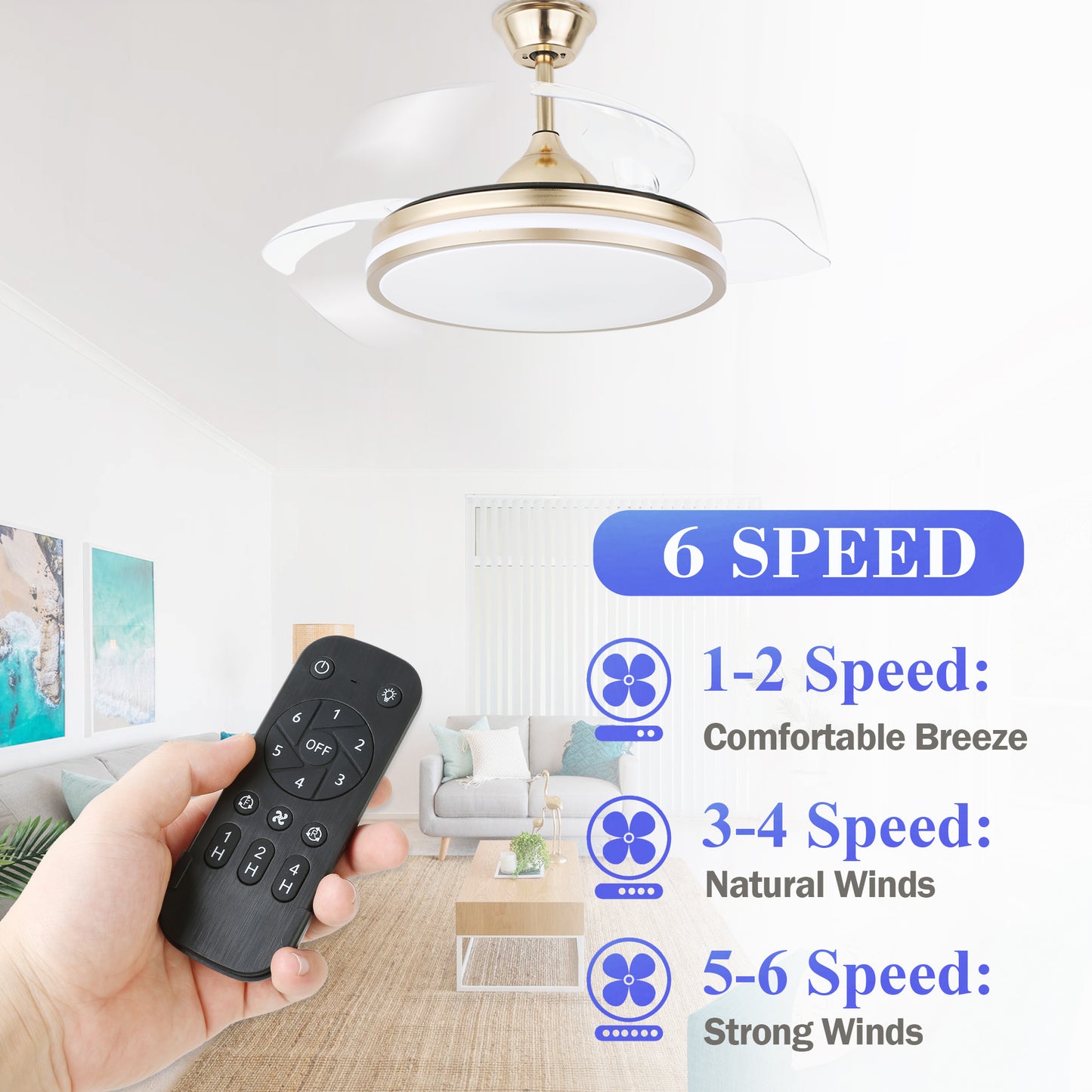 42 in. Dimmable LED Ceiling Fan with Retractable Blade and Remote Control