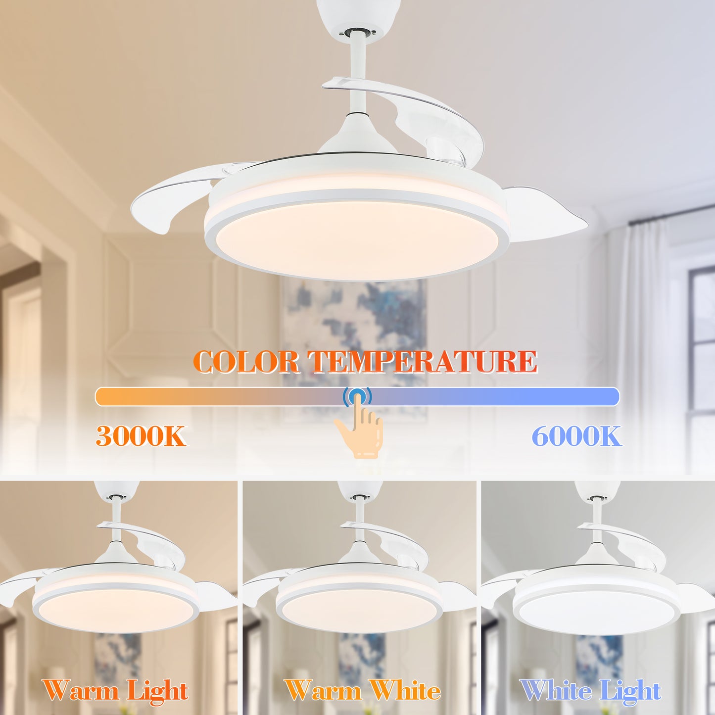 42 in. Dimmable LED Ceiling Fan with Retractable Blade and Remote Control