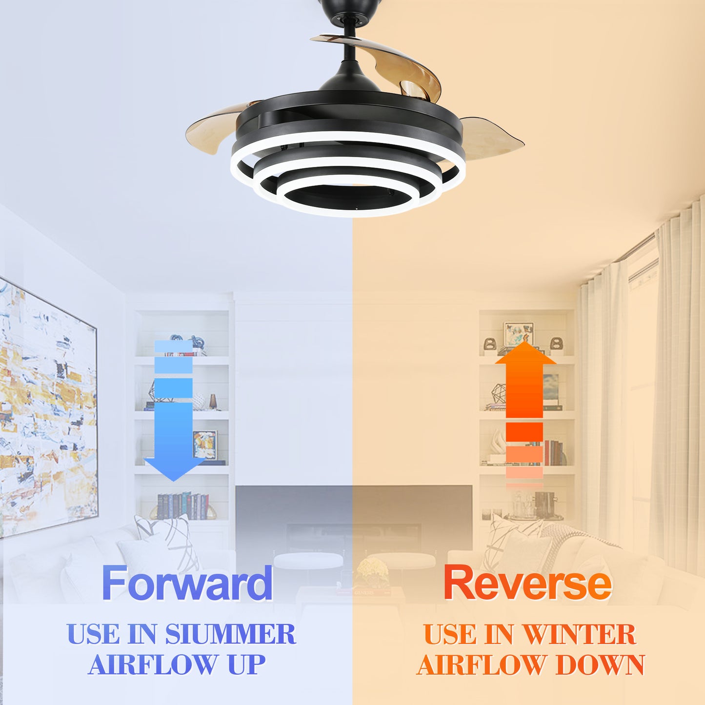 42" Indoor Modern Retractable LED Ceiling Fan with Remote Control and Dimmable Light