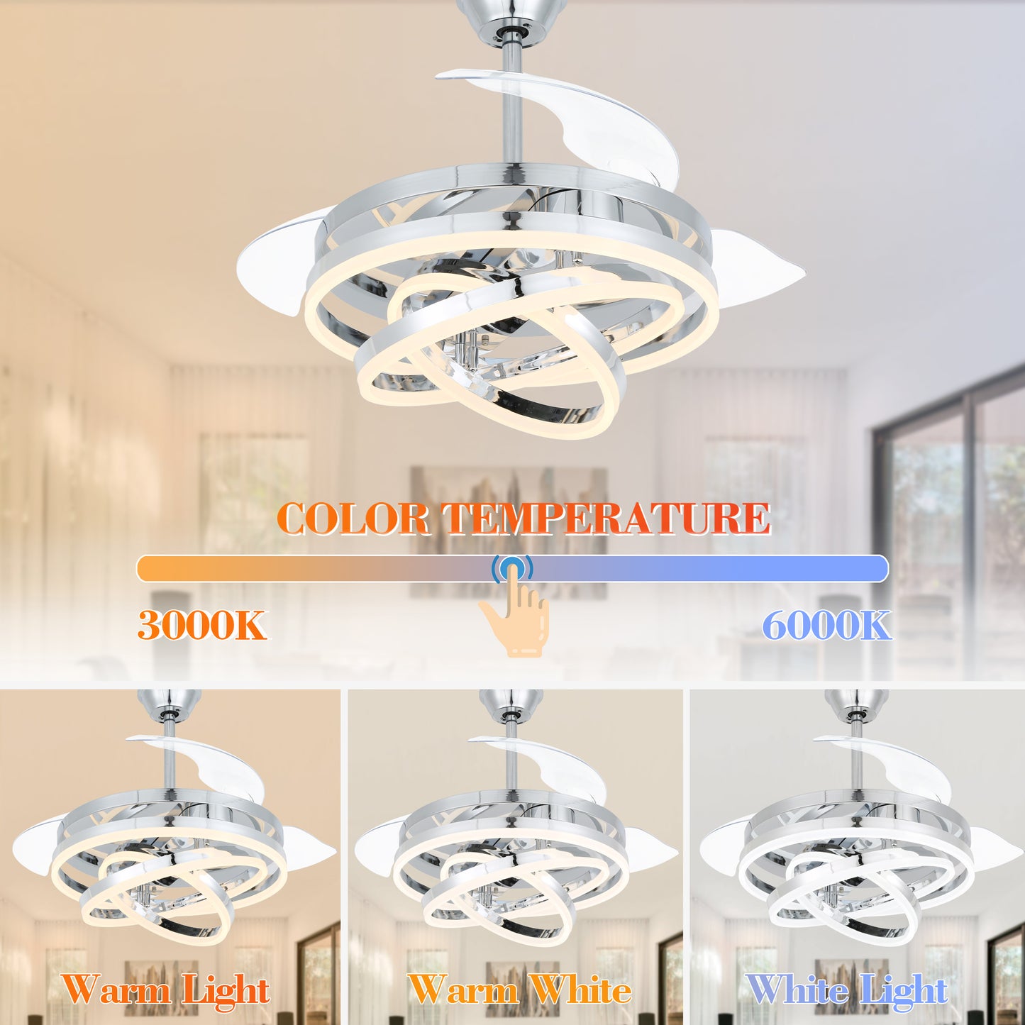 DC3664-BellaDepot 36" Chrome/Nickel/Brown DIY Shape Reversible Ceiling Fan with Remote and LED Light Kit Included, Retractable Ceiling Fan