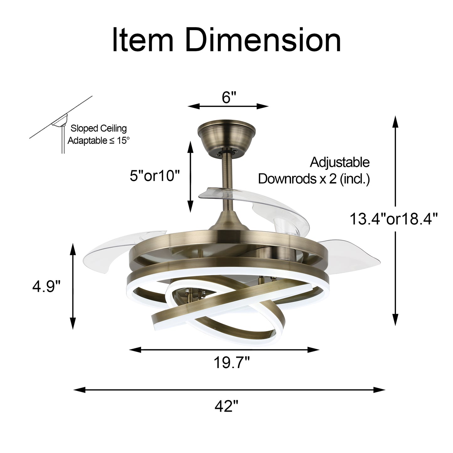 42" Indoor Modern Retractable LED Ceiling Fan with Remote Control and Dimmable Light