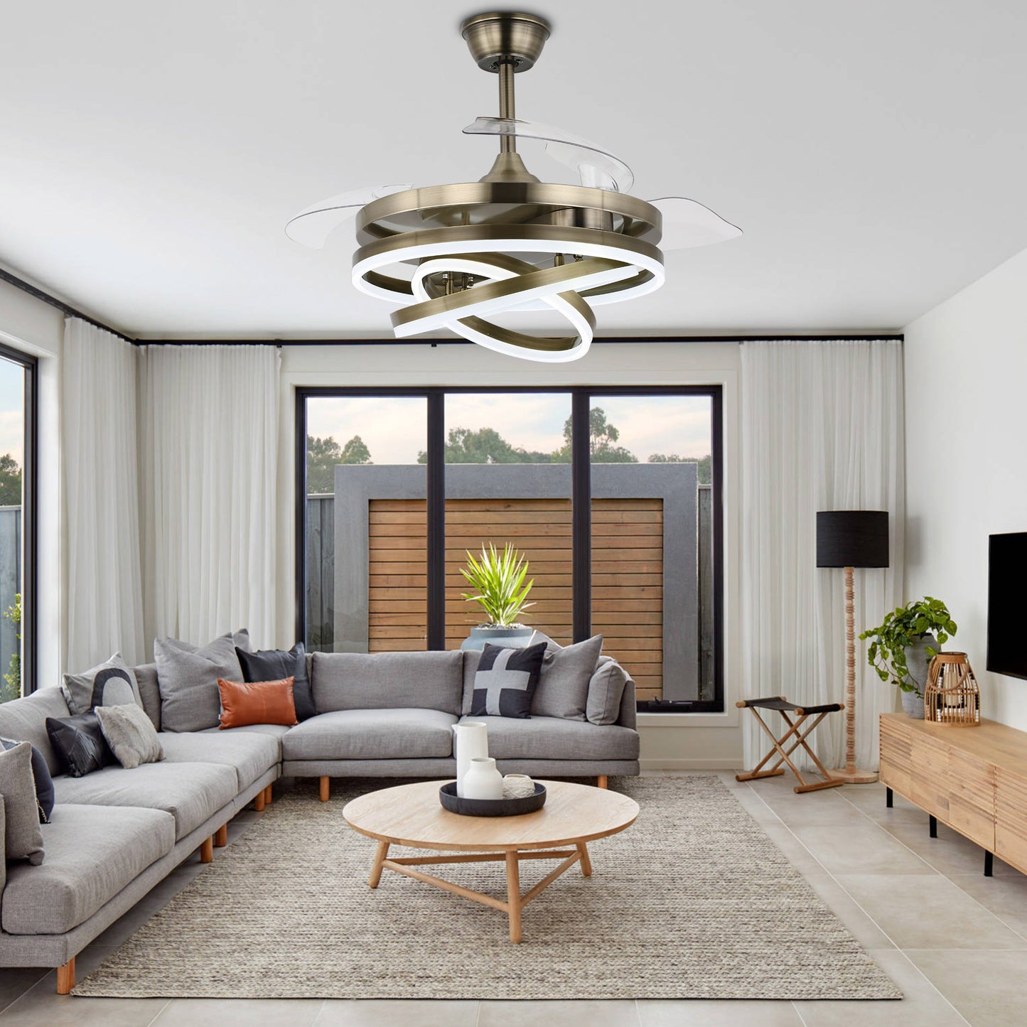 DC3664-BellaDepot 36" Chrome/Nickel/Brown DIY Shape Reversible Ceiling Fan with Remote and LED Light Kit Included, Retractable Ceiling Fan