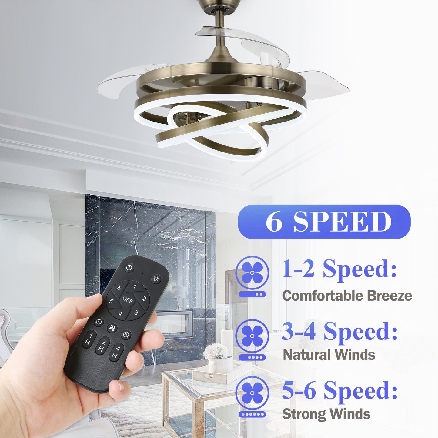 42" Indoor Modern Retractable LED Ceiling Fan with Remote Control and Dimmable Light
